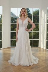 WT4410 2 in 1 Wedding Dress V neck Beading lace, Removable Train