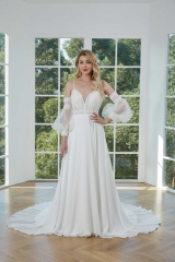 WT4360 Chiffon Wedding Dress with Removable Train and Sleeves