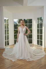 WT4410 2 in 1 Wedding Dress V neck Beading lace, Removable Train