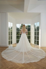 WT4410 2 in 1 Wedding Dress V neck Beading lace, Removable Train