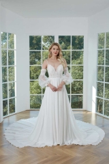 WT4360 Chiffon Wedding Dress with Removable Train and Sleeves