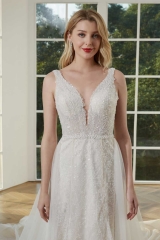 WT4410 2 in 1 Wedding Dress V neck Beading lace, Removable Train